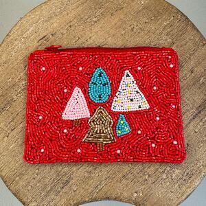 Beaded Holiday Red Coin Purse Christmas Tree Stocking Travel Pouch NEW FAST SHIP